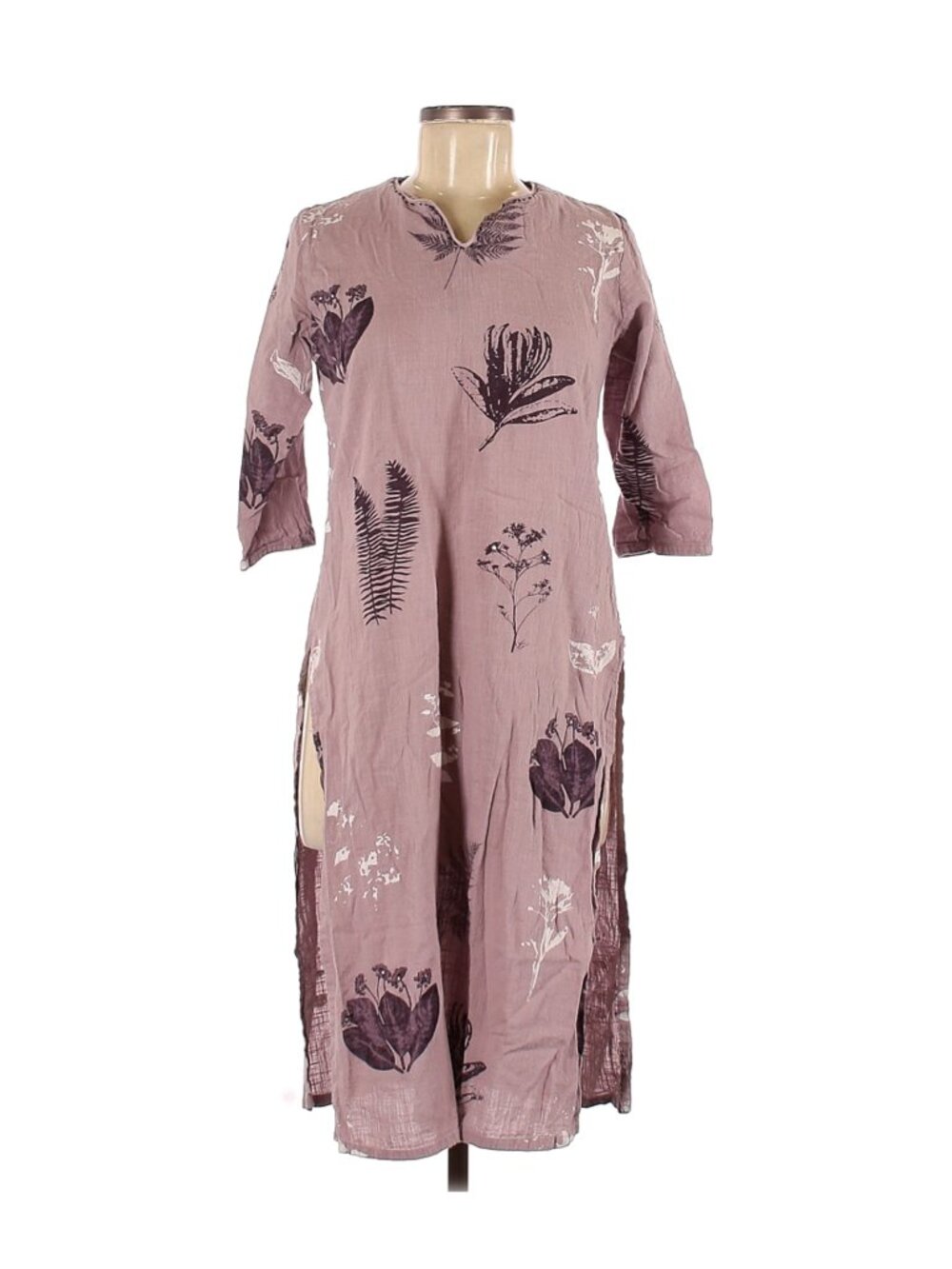 Lavender Floral Tunic Dress with Side Slits 3/4 Sleeve
